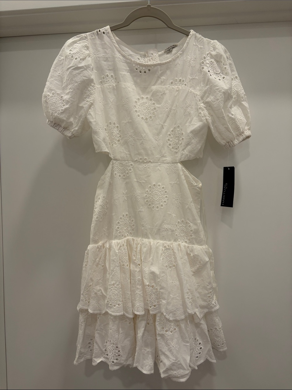 Habitual White Eyelet Puff Sleeve Cut-Out Tiered Dress